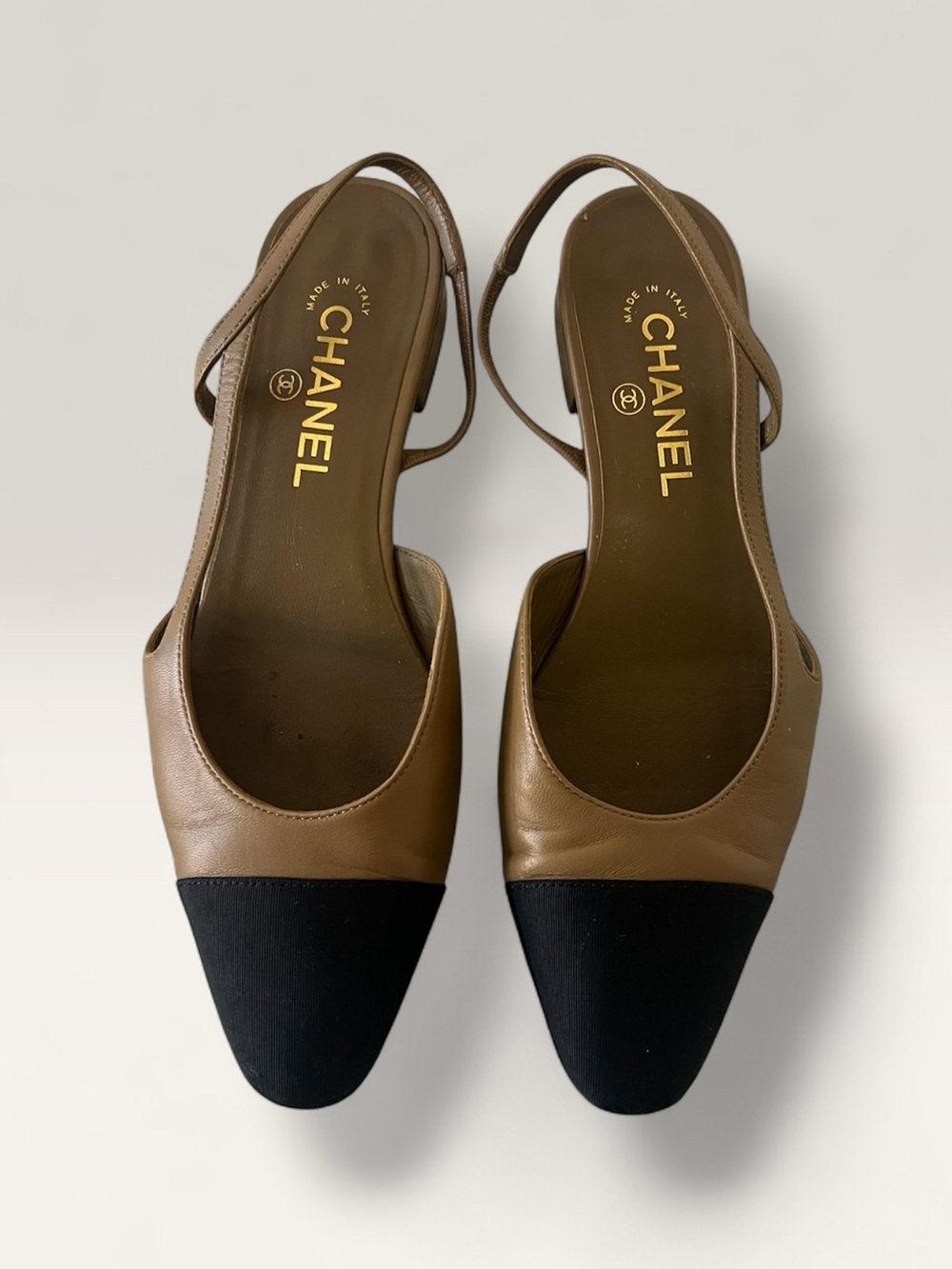 CHANEL Taupe / Dark Beige Leather and Black Grosgrain Cap Toe Slingbacks 39